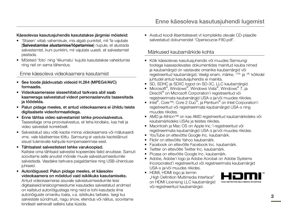 Samsung HMX-F80BP/EDC manual Enne käesoleva kasutusjuhendi lugemist, Enne käesoleva videokaamera kasutamist 