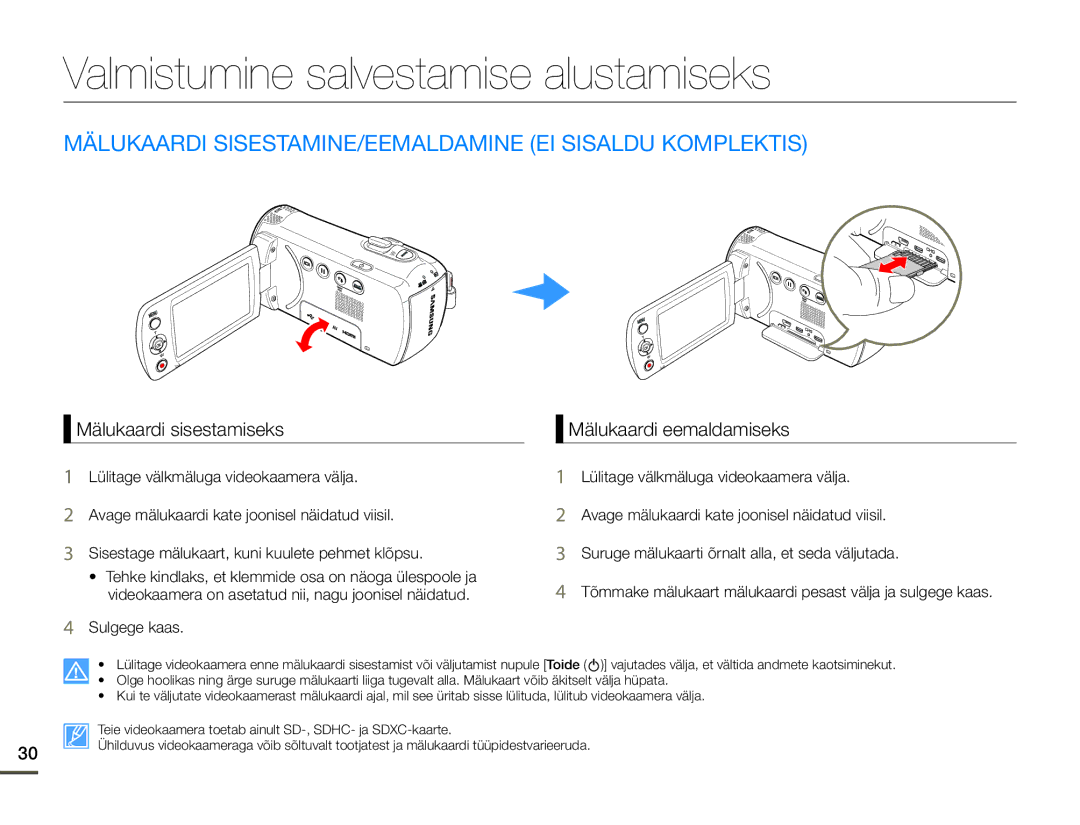 Samsung HMX-F80BP/EDC Valmistumine salvestamise alustamiseks, Mälukaardi SISESTAMINE/EEMALDAMINE EI Sisaldu Komplektis 