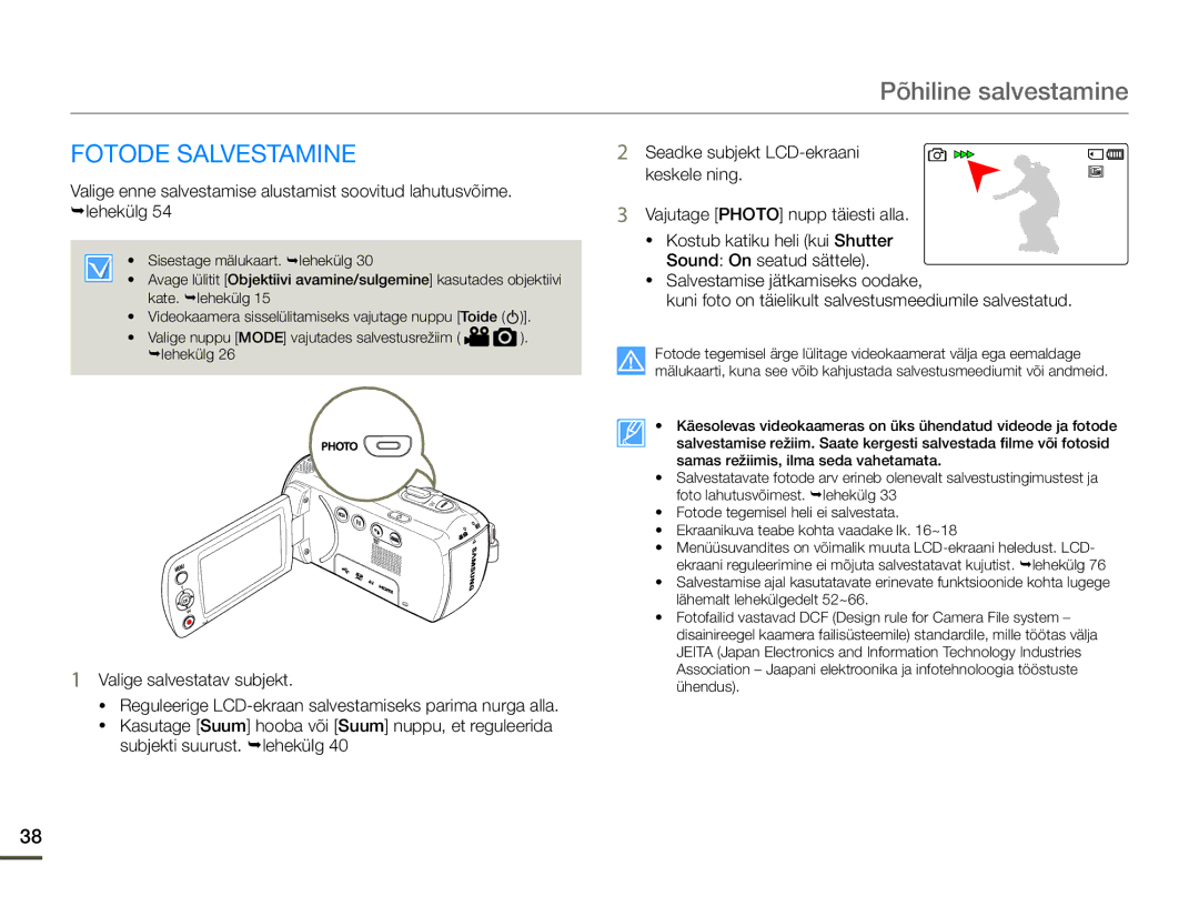 Samsung HMX-F80BP/EDC manual Fotode Salvestamine 