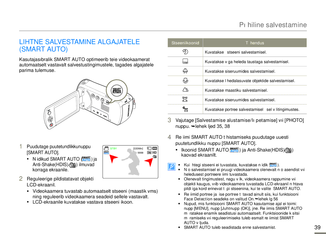 Samsung HMX-F80BP/EDC manual Lihtne Salvestamine Algajatele Smart Auto,  Näidikud Smart Auto Anti-ShakeHDIS 