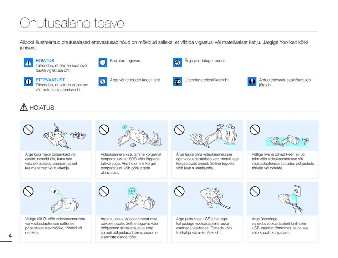 Samsung HMX-F80BP/EDC manual Ohutusalane teave, Ettevaatust 