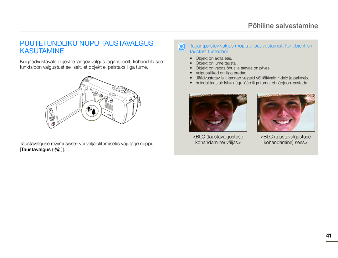 Samsung HMX-F80BP/EDC manual Puutetundliku Nupu Taustavalgus Kasutamine 