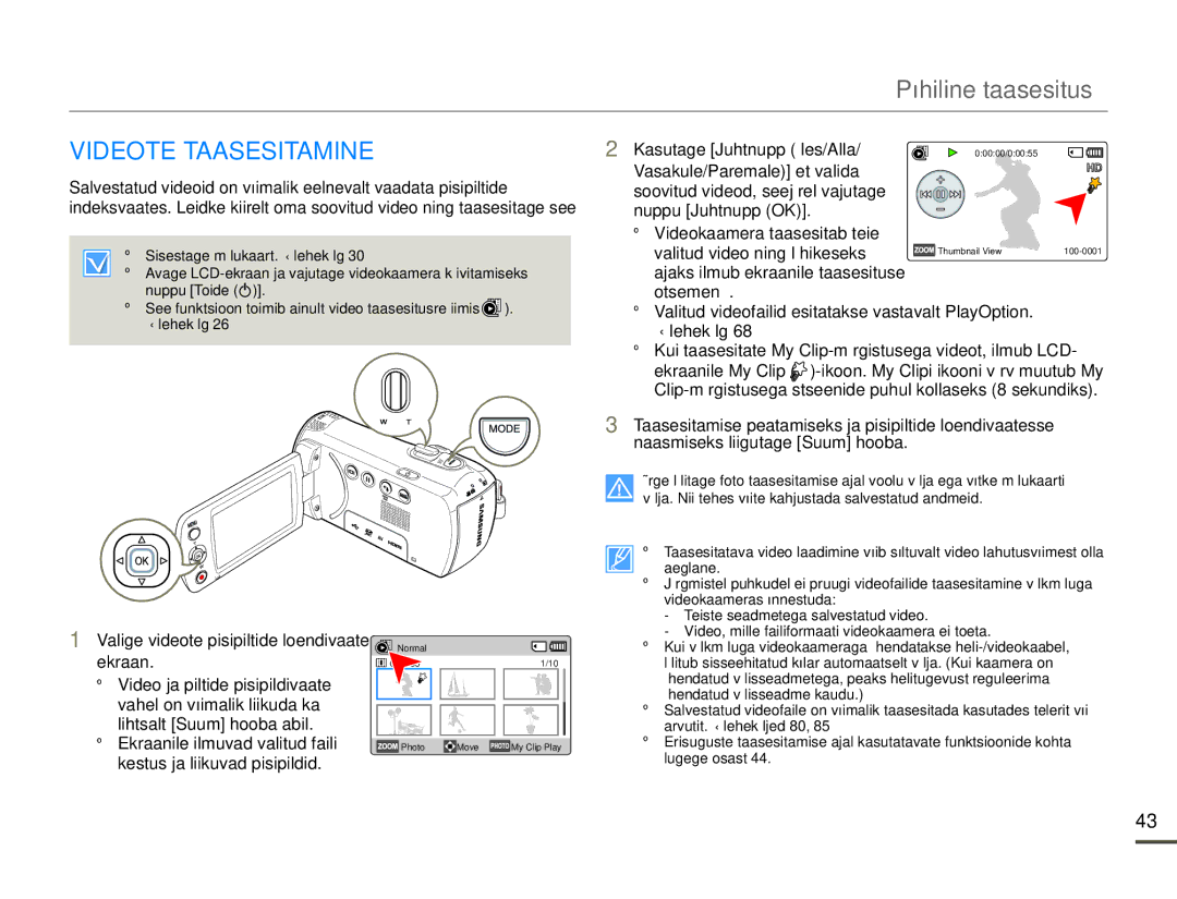 Samsung HMX-F80BP/EDC manual Põhiline taasesitus, Videote Taasesitamine, Kasutage Juhtnupp Üles/Alla 