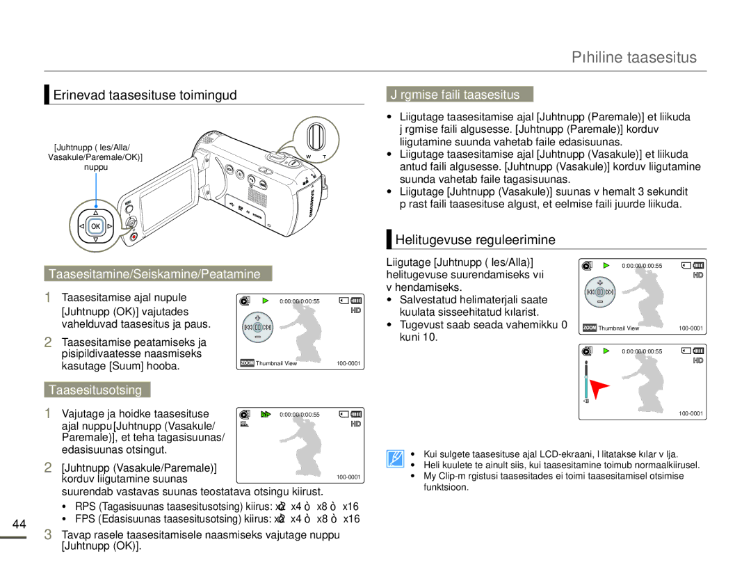 Samsung HMX-F80BP/EDC manual Erinevad taasesituse toimingud, Järgmise faili taasesitus, Helitugevuse reguleerimine 