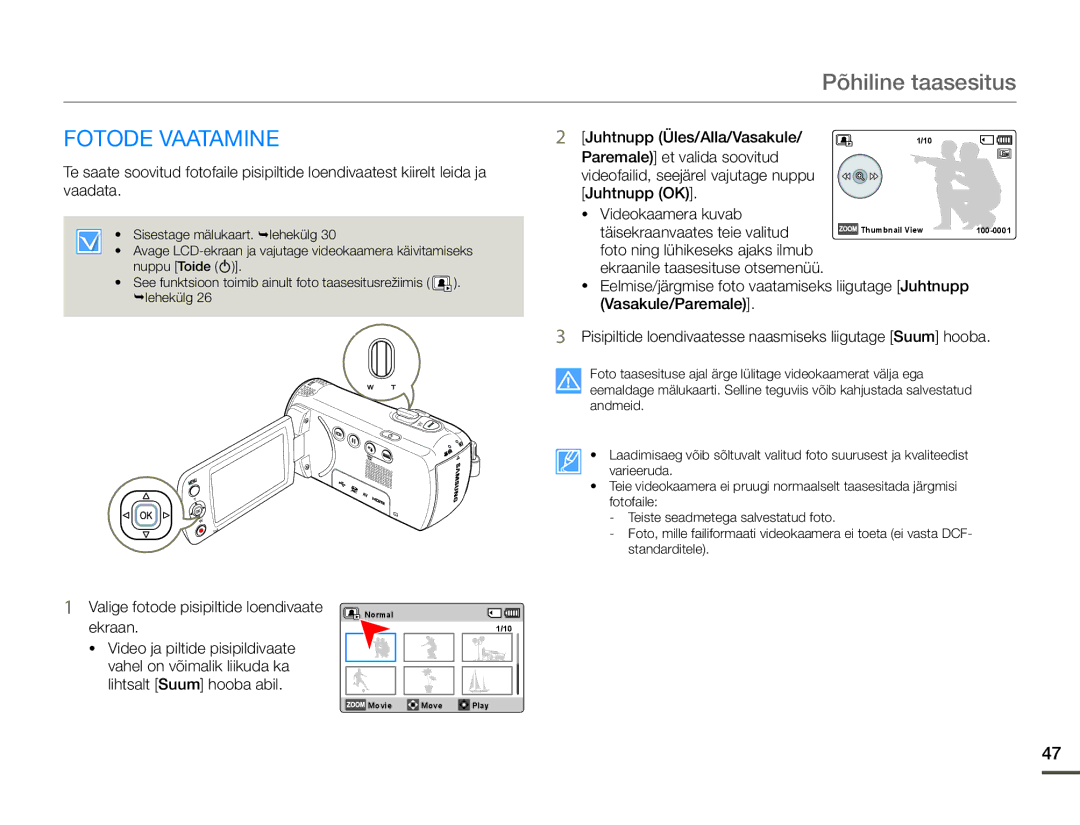 Samsung HMX-F80BP/EDC manual Fotode Vaatamine, Valige fotode pisipiltide loendivaate ekraan 