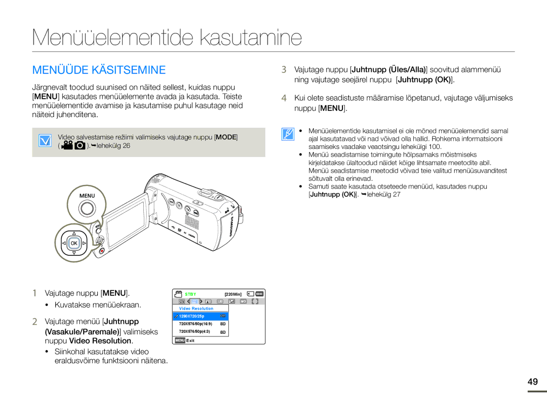 Samsung HMX-F80BP/EDC manual Menüüelementide kasutamine, Menüüde Käsitsemine, Vajutage nuppu Menu  Kuvatakse menüüekraan 