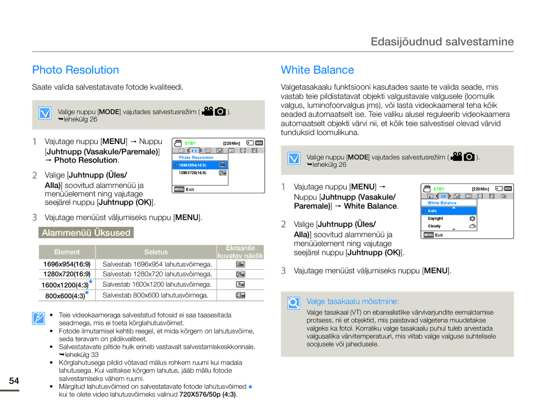 Samsung HMX-F80BP/EDC manual Photo Resolution White Balance, Valge tasakaalu mõistmine 