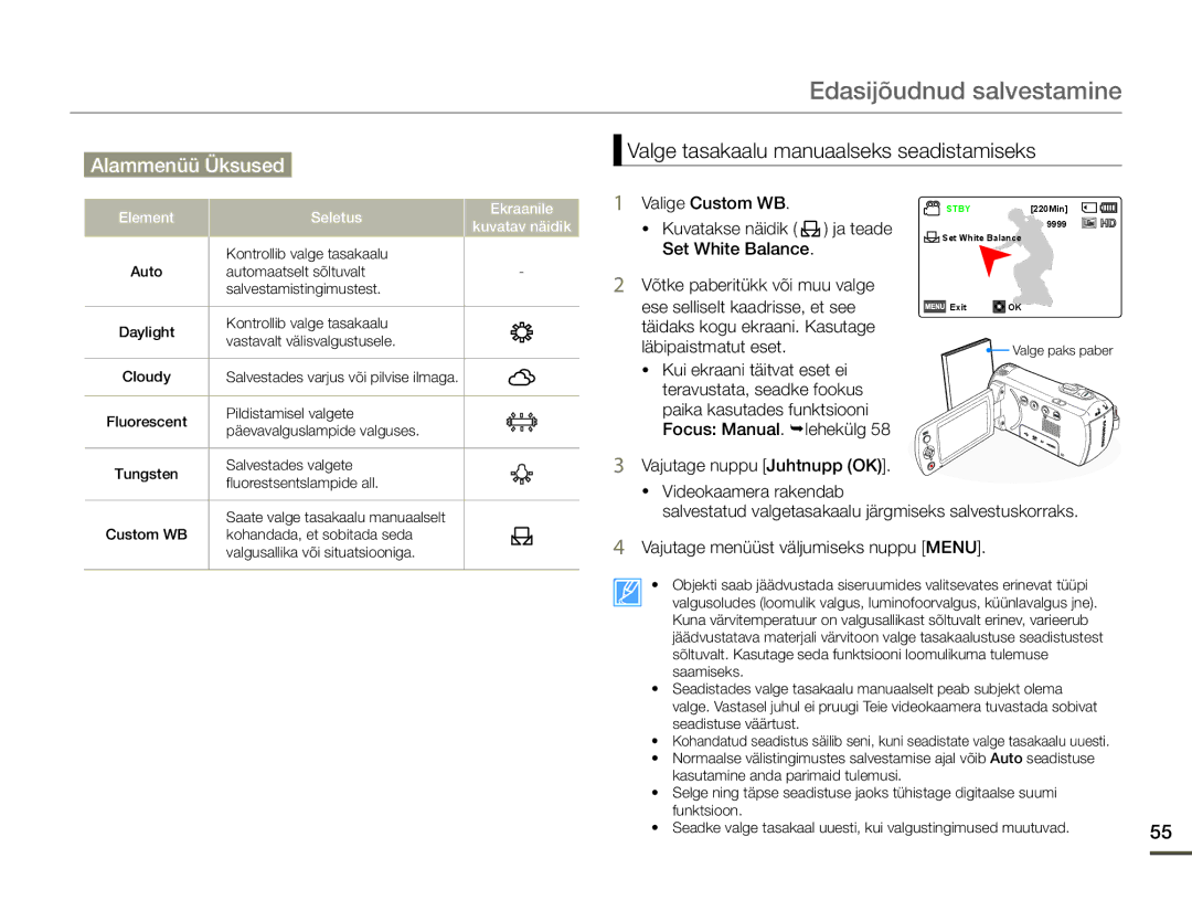 Samsung HMX-F80BP/EDC manual Valge tasakaalu manuaalseks seadistamiseks, Valige Custom WB,  Kuvatakse näidik ja teade 