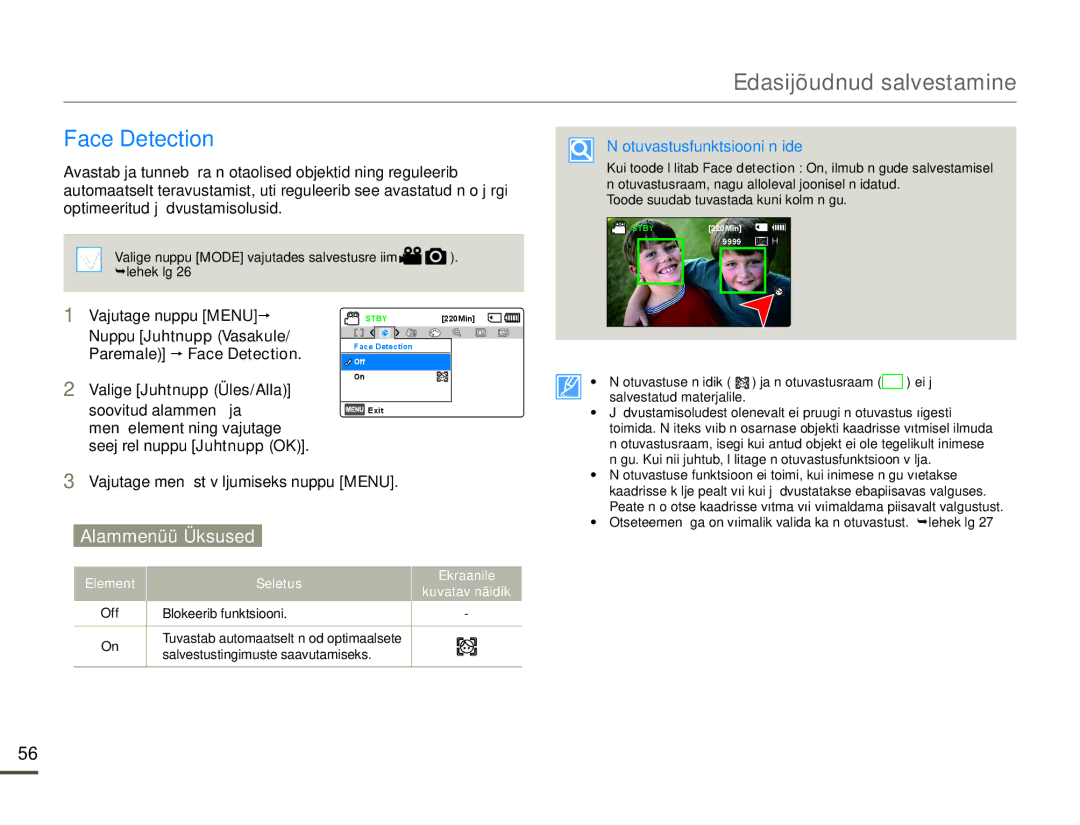 Samsung HMX-F80BP/EDC manual Face Detection, Näotuvastusfunktsiooni näide 