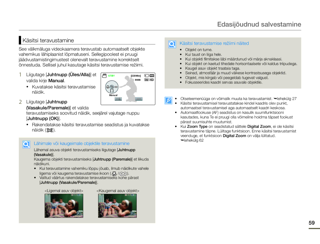 Samsung HMX-F80BP/EDC manual Käsitsi teravustamine, Liigutage Juhtnupp Üles/Alla et, Valida kirje Manual 