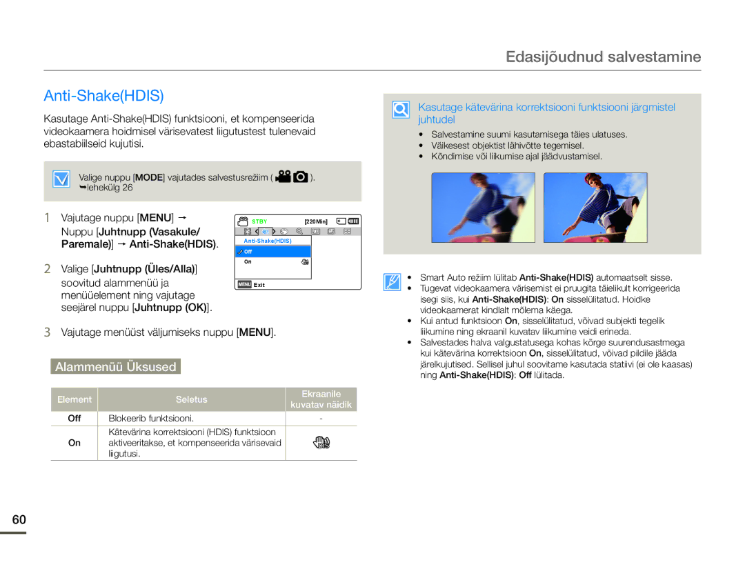 Samsung HMX-F80BP/EDC manual Anti-ShakeHDIS, Vajutage nuppu Menu p 