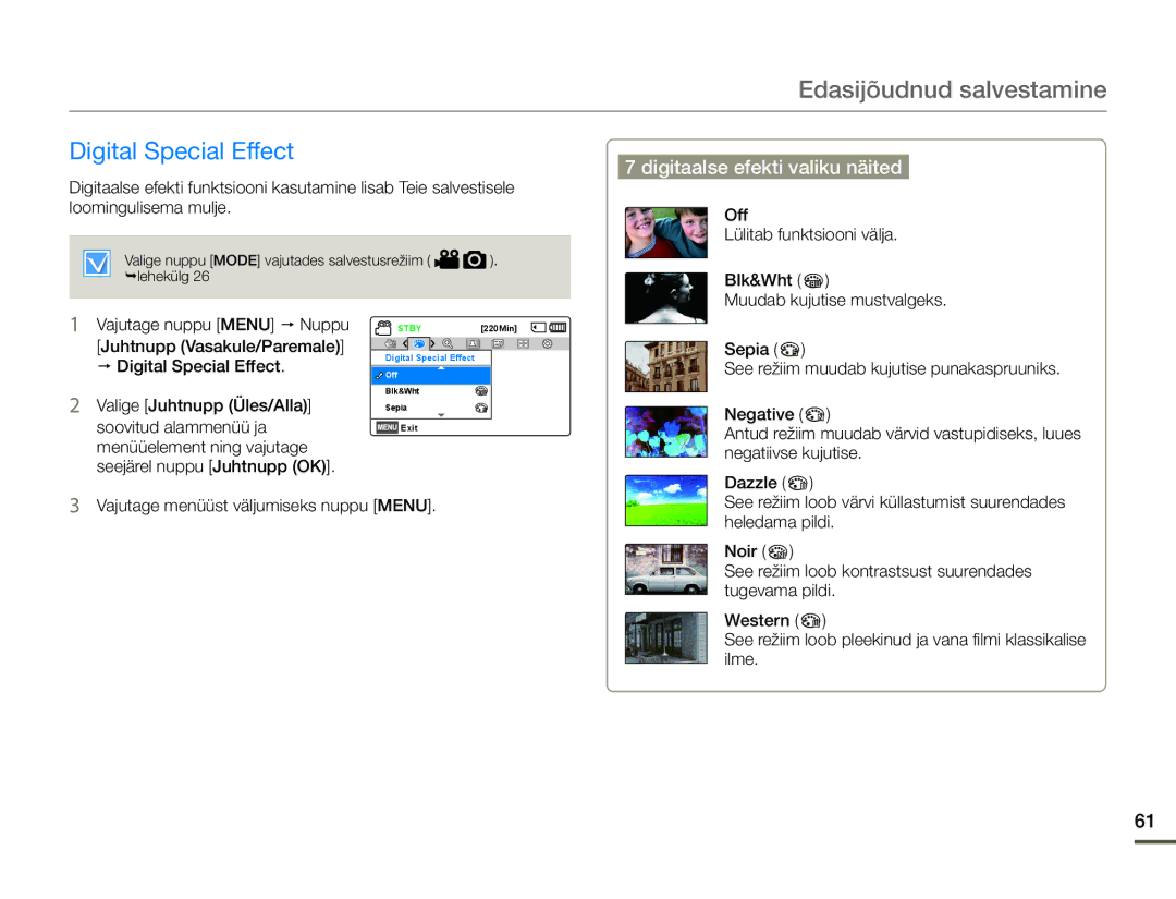 Samsung HMX-F80BP/EDC manual Digital Special Effect, Digitaalse efekti valiku näited 
