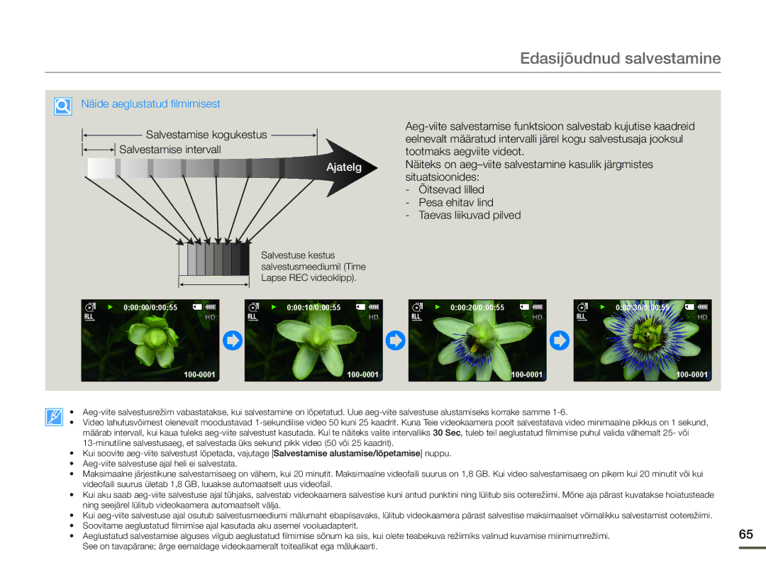 Samsung HMX-F80BP/EDC manual Näide aeglustatud filmimisest, Salvestamise kogukestus Salvestamise intervall 