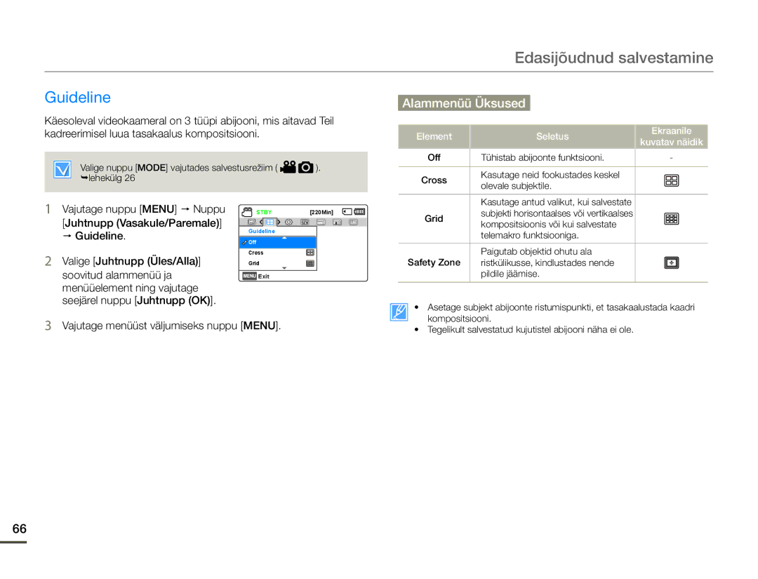 Samsung HMX-F80BP/EDC manual Guideline, Vajutage nuppu Menu p Nuppu 