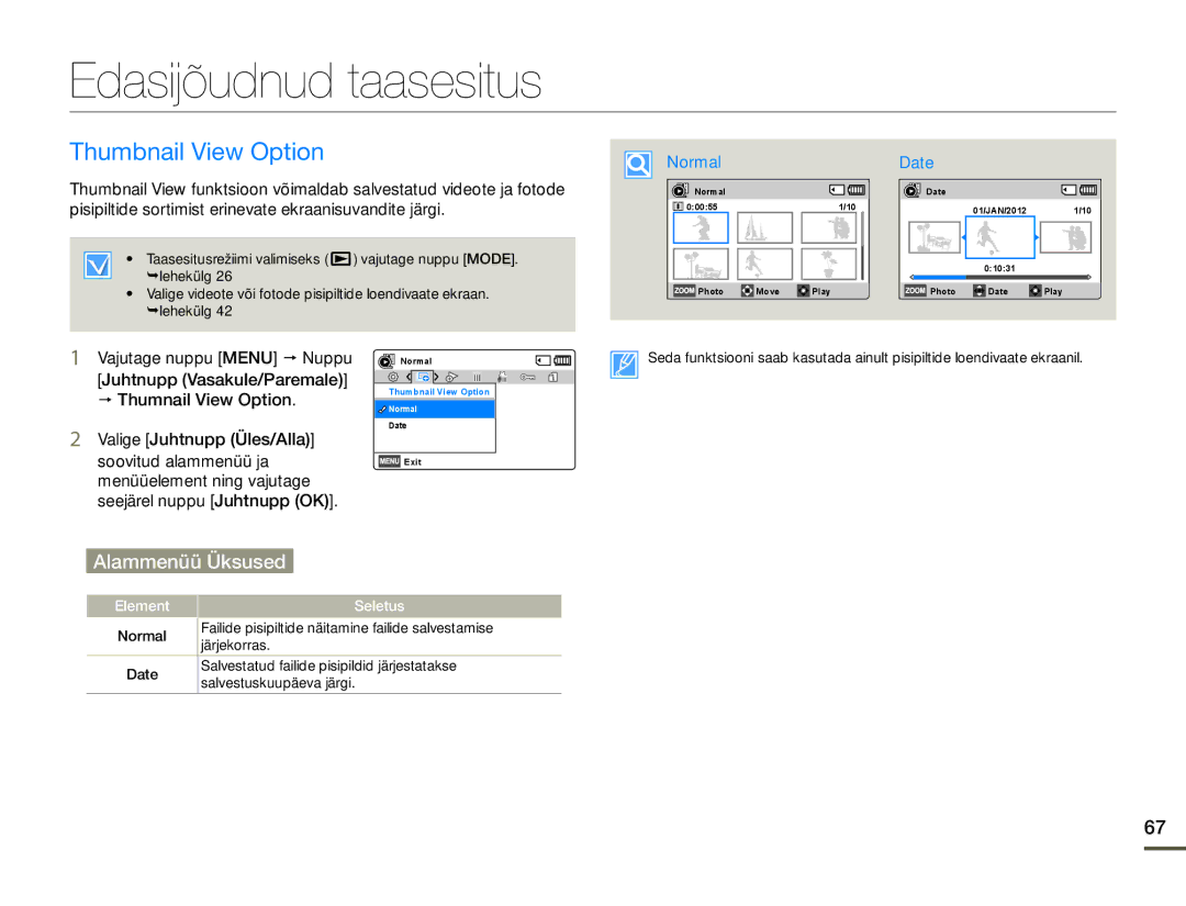 Samsung HMX-F80BP/EDC manual Edasijõudnud taasesitus, Thumbnail View Option 