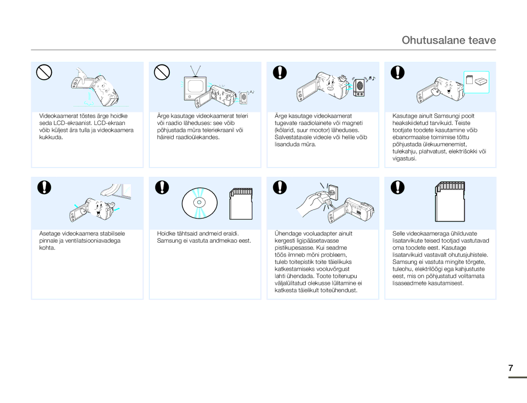 Samsung HMX-F80BP/EDC manual Ohutusalane teave 