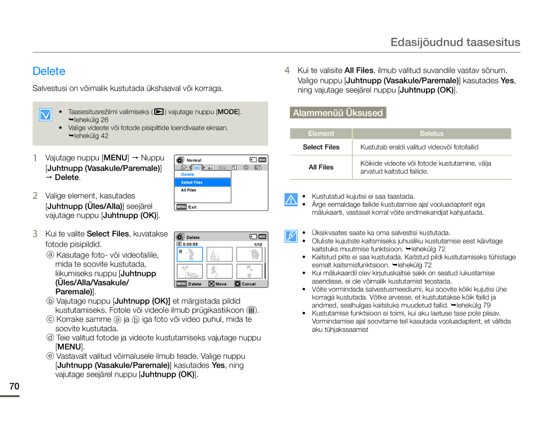 Samsung HMX-F80BP/EDC manual Delete, Salvestusi on võimalik kustutada ükshaaval või korraga, Paremale 