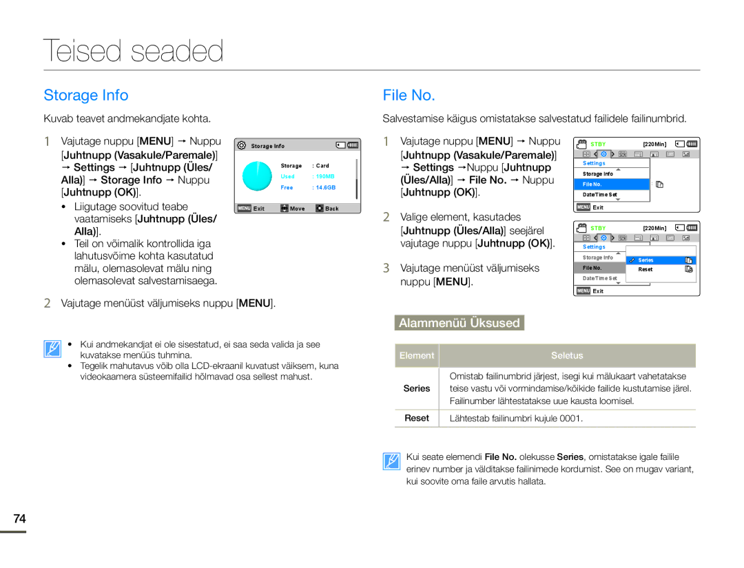 Samsung HMX-F80BP/EDC manual Teised seaded, Storage Info File No 