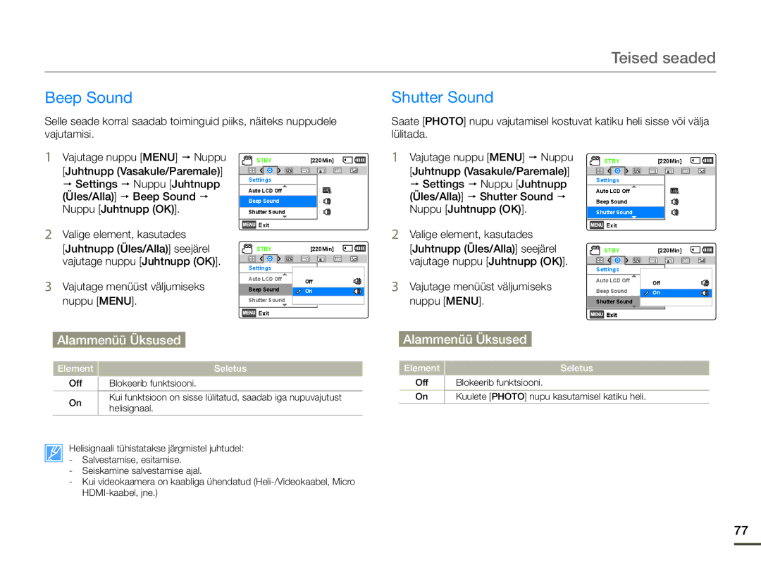 Samsung HMX-F80BP/EDC manual Beep Sound, Shutter Sound 