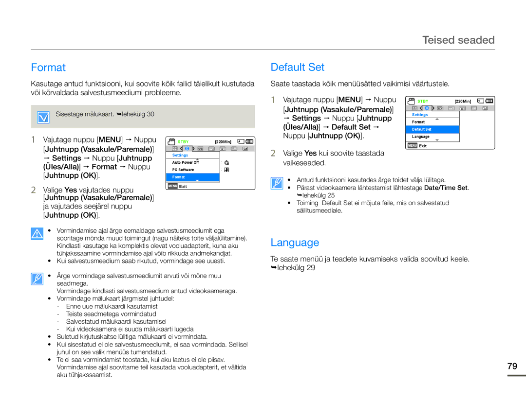 Samsung HMX-F80BP/EDC Format Default Set, Language, Üles/Alla p Default Set p, Valige Yes kui soovite taastada vaikeseaded 