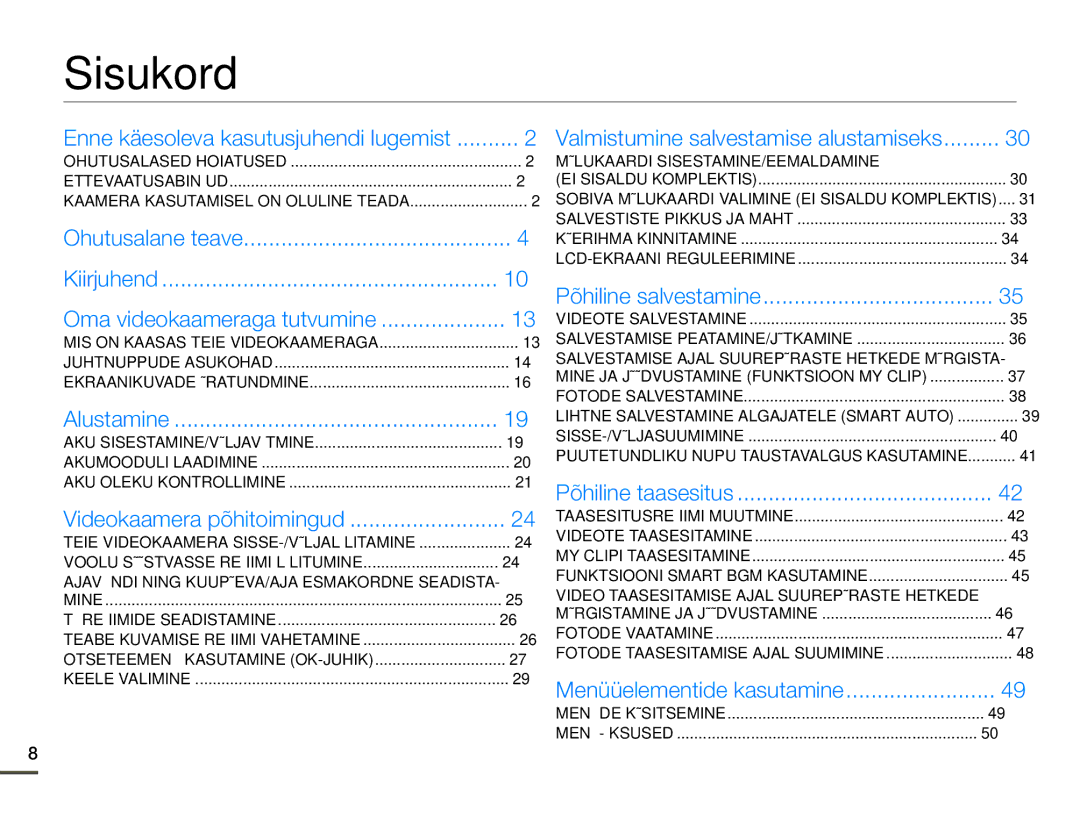 Samsung HMX-F80BP/EDC manual Sisukord, Videokaamera põhitoimingud 