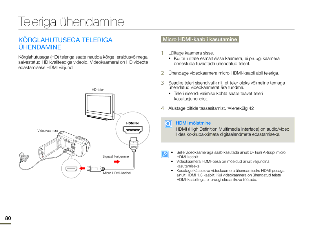 Samsung HMX-F80BP/EDC manual Teleriga ühendamine, Kõrglahutusega Teleriga Ühendamine, Micro HDMI-kaabli kasutamine 