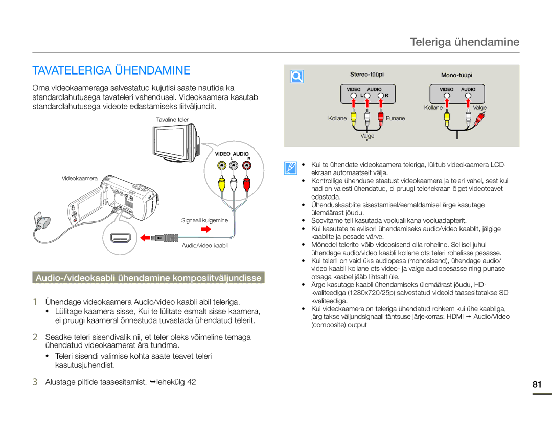 Samsung HMX-F80BP/EDC Teleriga ühendamine, Tavateleriga Ühendamine, Audio-/videokaabli ühendamine komposiitväljundisse 