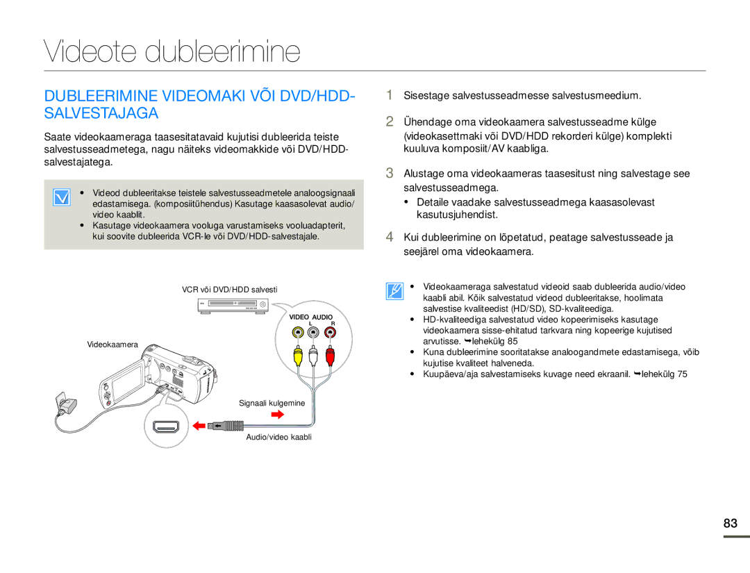 Samsung HMX-F80BP/EDC manual Videote dubleerimine, Dubleerimine Videomaki VÕI DVD/HDD- Salvestajaga 