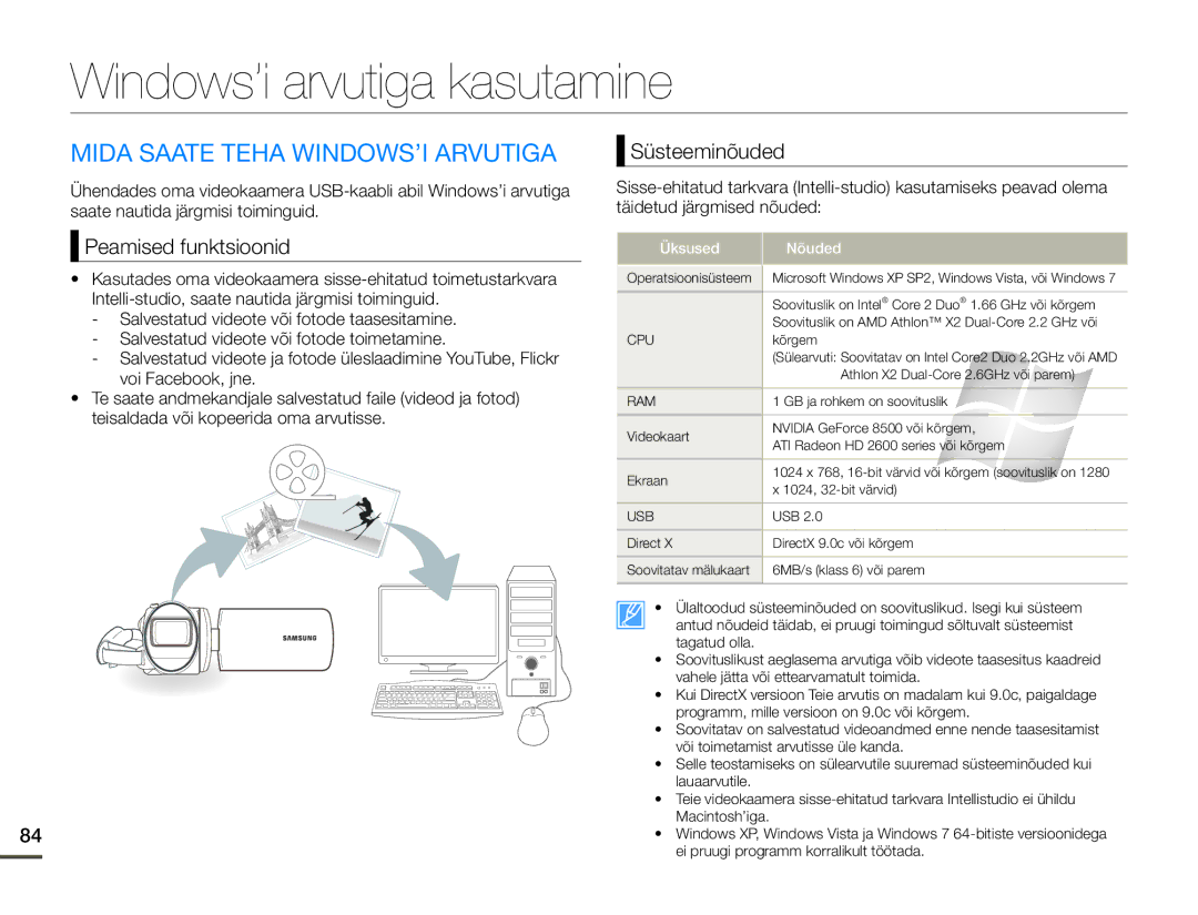 Samsung HMX-F80BP/EDC manual Windows’i arvutiga kasutamine, Mida Saate Teha WINDOWS’I Arvutiga, Peamised funktsioonid 