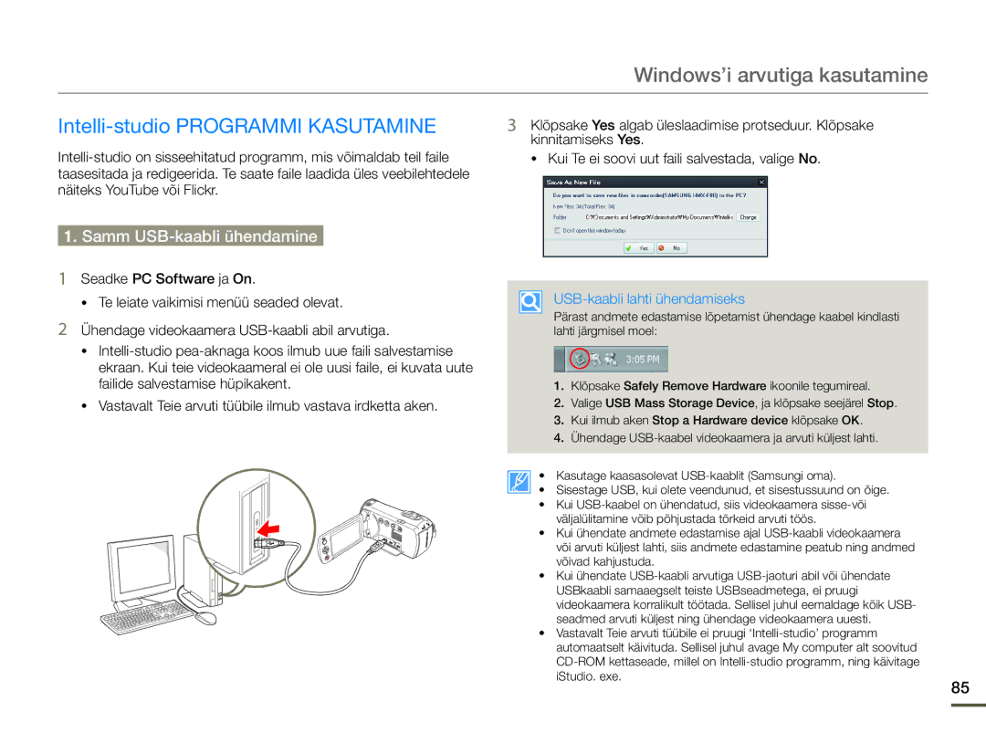 Samsung HMX-F80BP/EDC manual Windows’i arvutiga kasutamine, Intelli-studio Programmi Kasutamine, Samm USB-kaabli ühendamine 