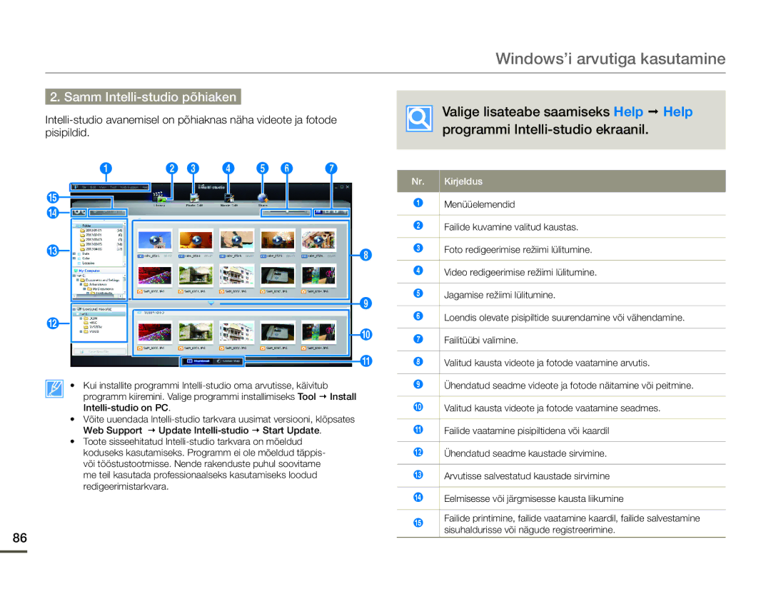 Samsung HMX-F80BP/EDC manual Samm Intelli-studio põhiaken, Eelmisesse või järgmisesse kausta liikumine 