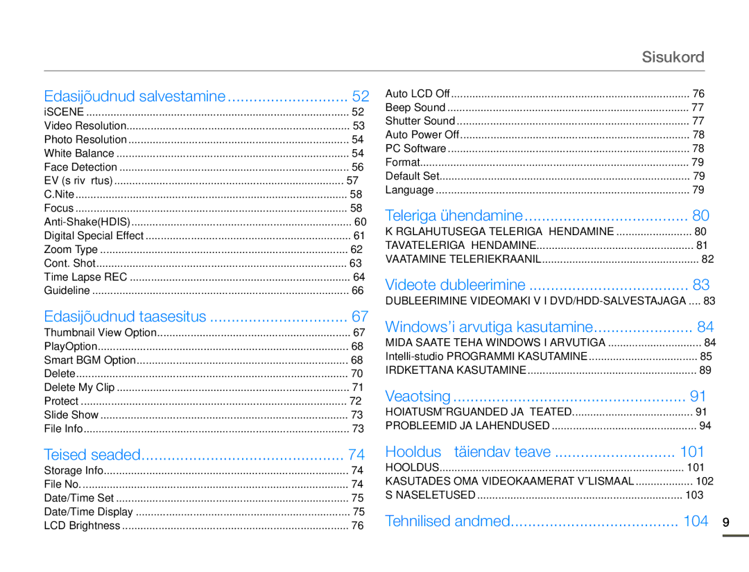 Samsung HMX-F80BP/EDC manual Sisukord, 101, 104 