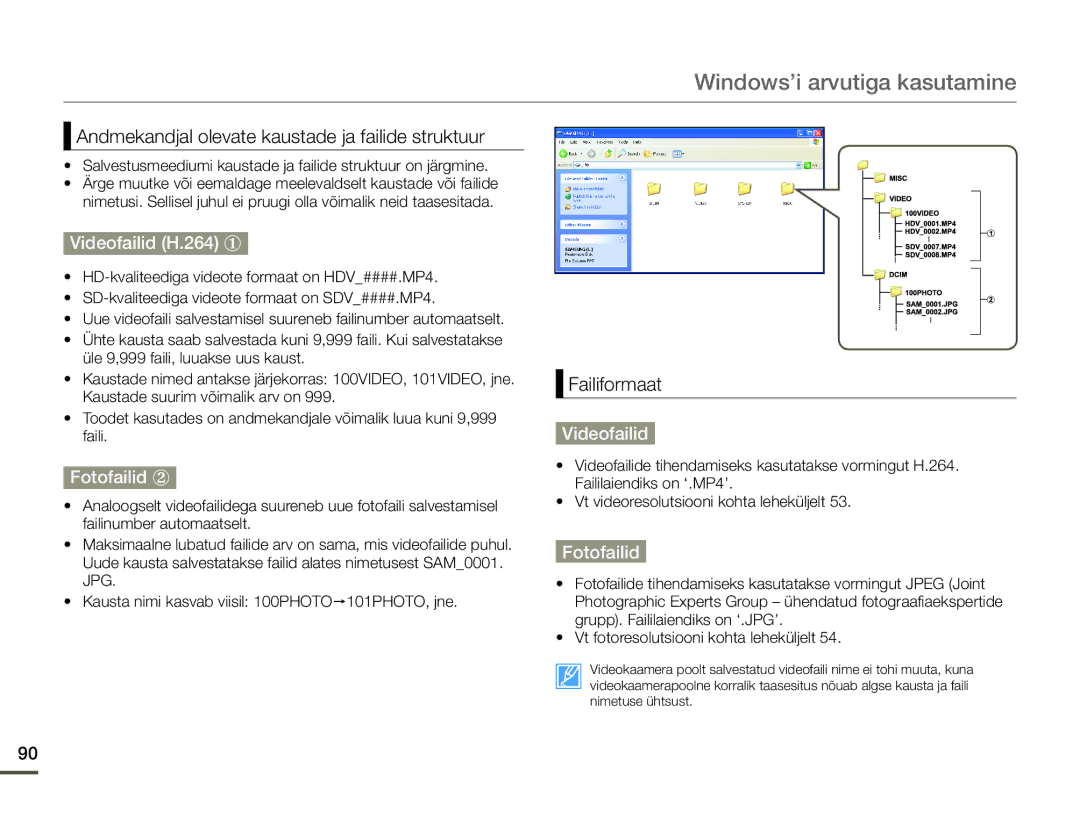 Samsung HMX-F80BP/EDC manual Videofailid H.264 ①, Fotofailid ② 