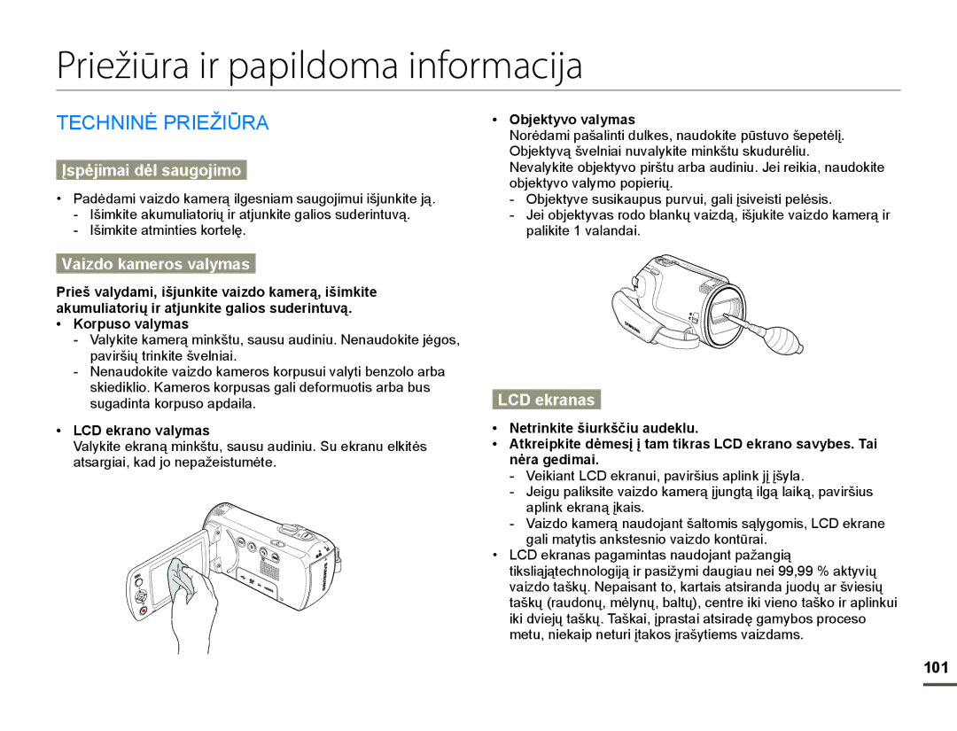 Samsung HMX-F80BP/EDC Priežiūra ir papildoma informacija, +1,1Ơ35,ä,ǋ5$, Ʋspơjimai dơl saugojimo, Vaizdo kameros valymas 