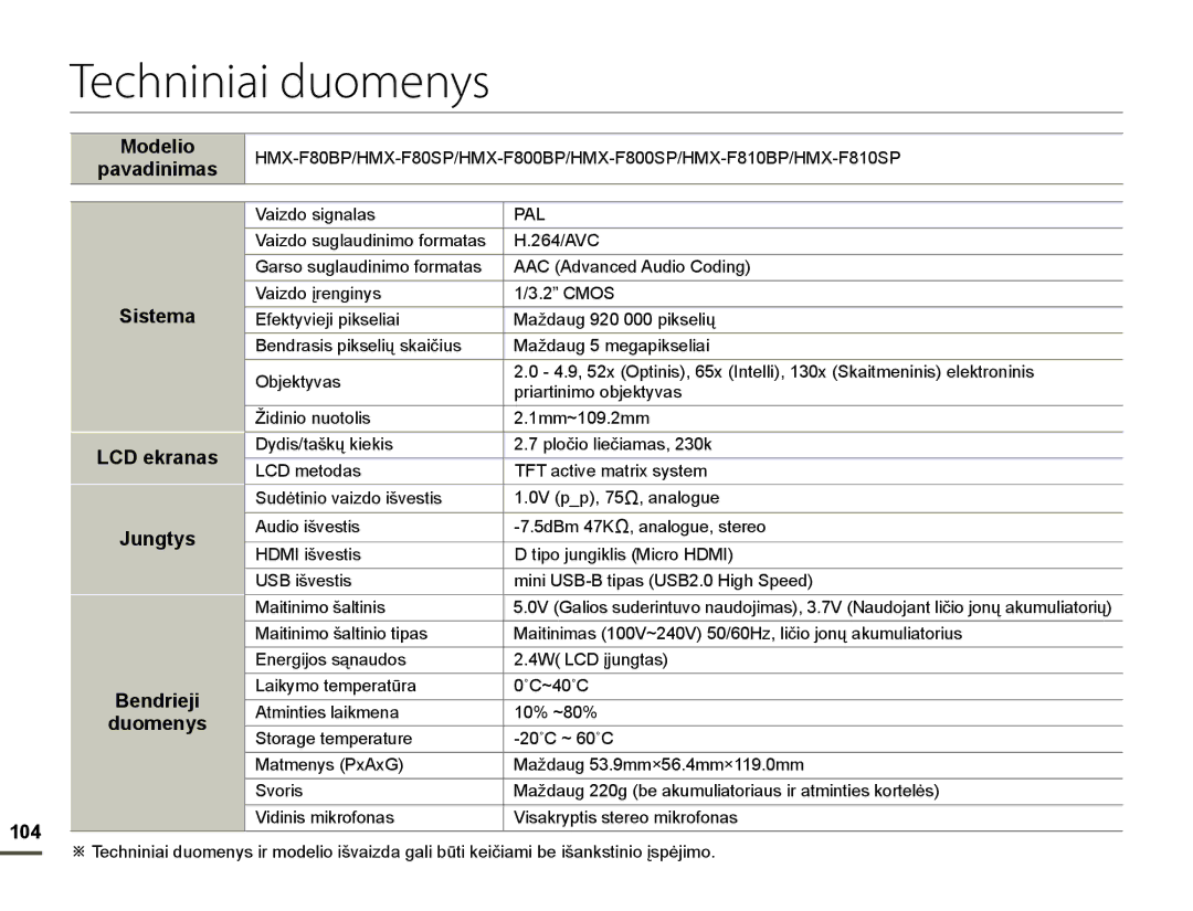 Samsung HMX-F80BP/EDC manual Techniniai duomenys 