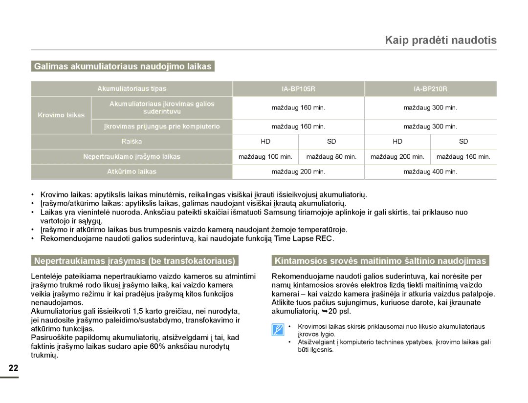 Samsung HMX-F80BP/EDC manual Galimas akumuliatoriaus naudojimo laikas, Qhqdxgrmdprv, DNXPXOLDWRULǐ¬SVO, WUXNPLǐ 