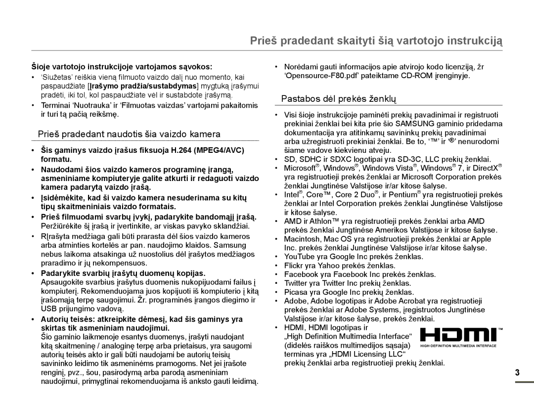 Samsung HMX-F80BP/EDC manual Prieš pradedant skaityti šią vartotojo instrukciją, Prieš pradedant naudotis šia vaizdo kamera 