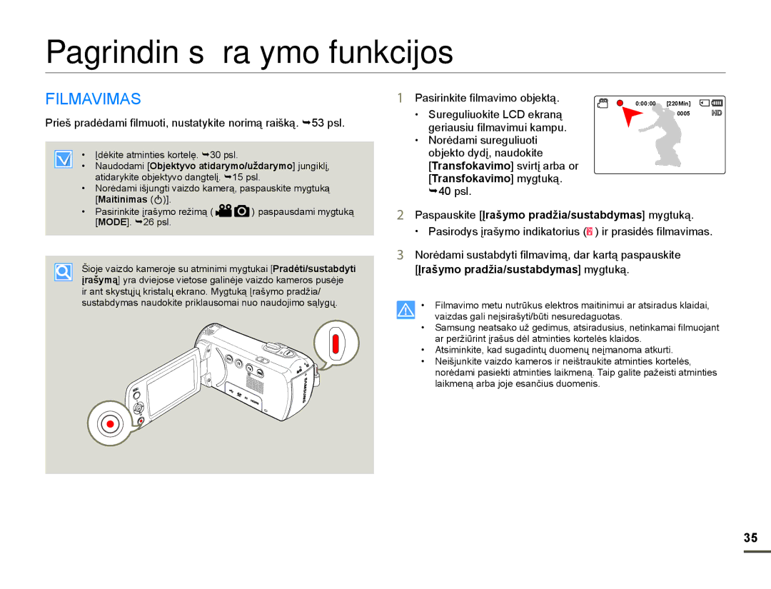 Samsung HMX-F80BP/EDC manual Pagrindinės įrašymo funkcijos, $9,0$6, JhuldxvlxIlopdylpxlNdpsx, RemhnwrG\GƴQdxgrnlwh 