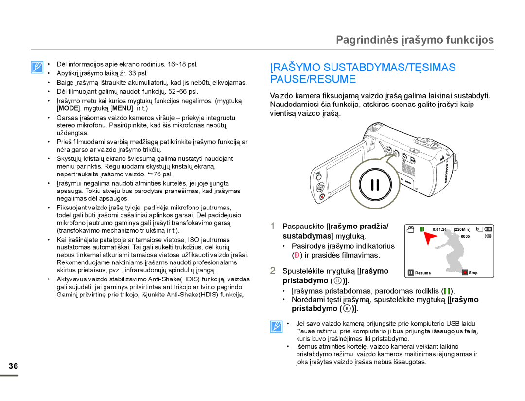Samsung HMX-F80BP/EDC manual Pagrindinơs Ƴrašymo funkcijos, Ʋ5$â026867$%0$67ĉ6,0$6 3$865680, YLHQWLVąYDLGRƳUDãą 