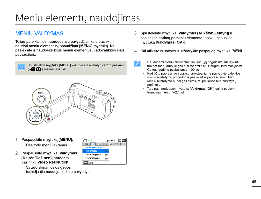 Samsung HMX-F80BP/EDC manual Meniu elementų naudojimas, 01,89$/0$6, SDY\GåLDLV, Kairơn/Dešinơn@QRUơGDPL 