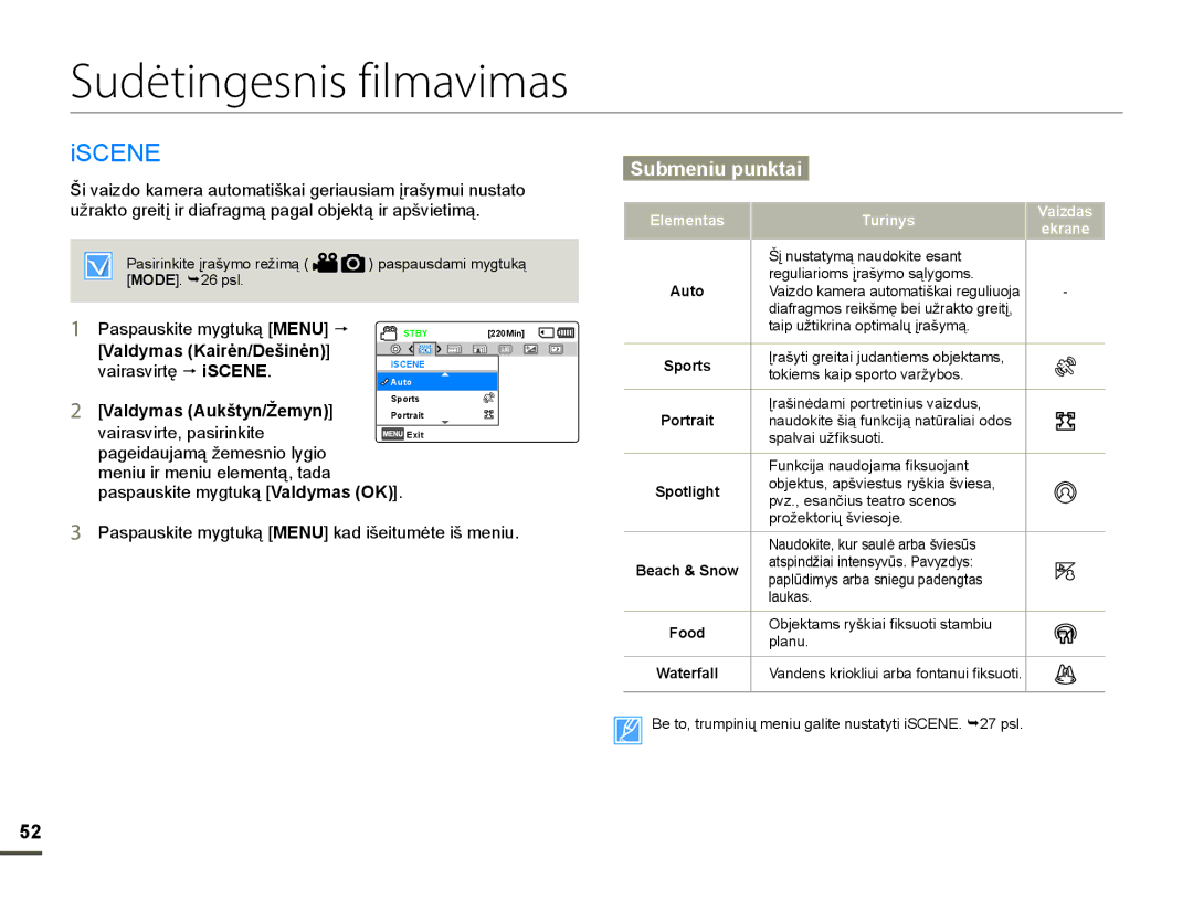 Samsung HMX-F80BP/EDC manual Sudėtingesnis filmavimas, L6&1, Submeniu punktai, Valdymas Aukštyn/Žemyn@ 