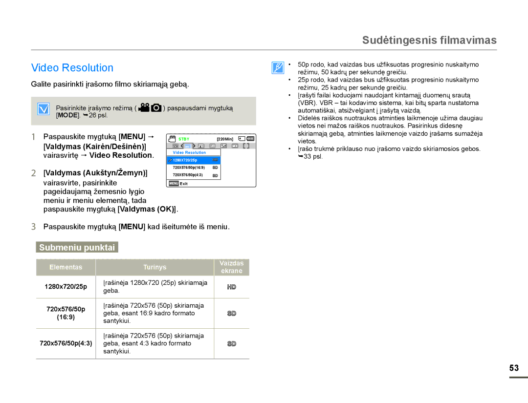 Samsung HMX-F80BP/EDC manual Sudơtingesnis filmavimas, 9LGHR5HVROXWLRQ, DOLWHSDVLULQNWLƳUDãRPRILOPRVNLULDPąMąJHEą 