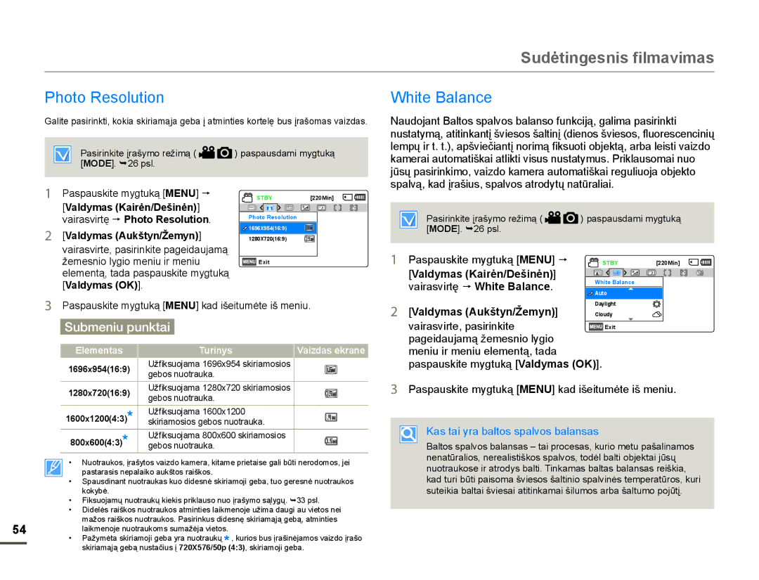 Samsung HMX-F80BP/EDC manual 3KRWR5HVROXWLRQ, Klwh%Dodqfh, VSDOYąNDGƳUDãLXVVSDOYRVDWURG\WǐQDWǌUDOLDL, Valdymas OK 