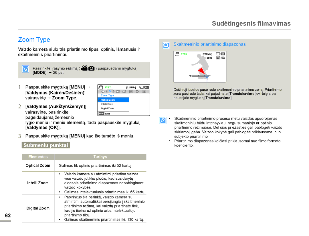 Samsung HMX-F80BP/EDC manual =RRP7\SH, YDLUDVYLUWĊ p Zoom Type, SDJHLGDXMDPąåHPHVQLR, Elementas Turinys 