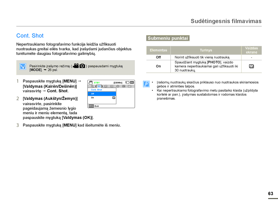 Samsung HMX-F80BP/EDC manual RQW6KRW, WXUơWXPơWHGDXJLDXIRWRJUDIDYLPRJDOLP\ELǐ, YDLUDVYLUWĊpCont. Shot, Off 