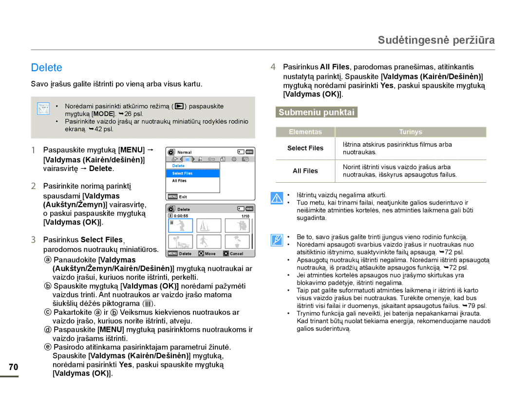 Samsung HMX-F80BP/EDC manual Hohwh, YDLUDVYLUWĊ p Delete, VSDXVGDPL Valdymas, Valdymas OK 3DVLULQNXVSelect Files   