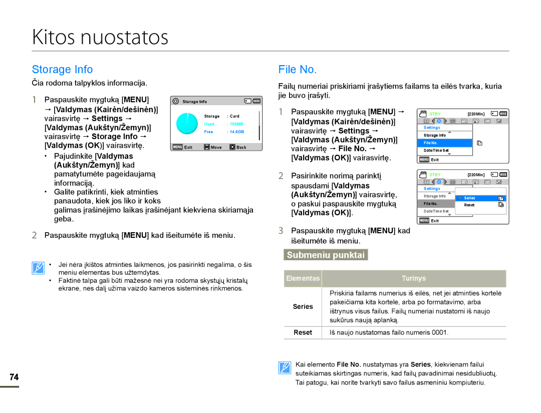 Samsung HMX-F80BP/EDC manual Kitos nuostatos, 6WRUDJH,QIR, LOH1R, Valdymas Kairơn/dešinơn @ 