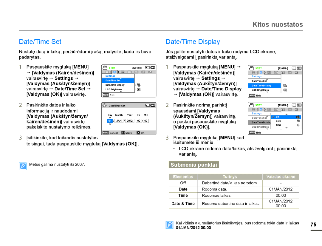 Samsung HMX-F80BP/EDC manual Kitos nuostatos, DWH7LPH6HW DWH7LPHLVSOD, Sdgdu\Wdv, DWVLåYHOJGDPLƳSDVLULQNWąYDULDQWą 