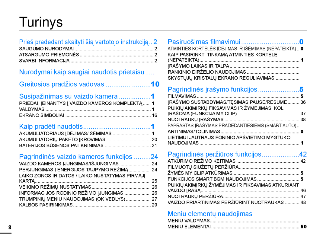 Samsung HMX-F80BP/EDC manual Turinys, 3ULHãSUDGHGDQWVNDLW\WLãLąYDUWRWRMRLQVWUXNFLMą  