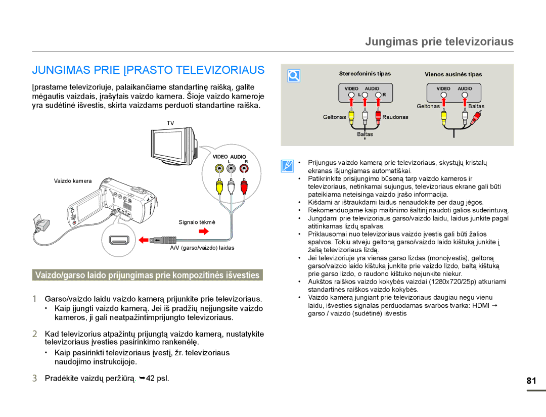 Samsung HMX-F80BP/EDC manual Jungimas prie televizoriaus, 81*,0$635,Ʋ35$6727/9,=25,$86, DWLWLQNDPDVOLGǐVSDOYDV 